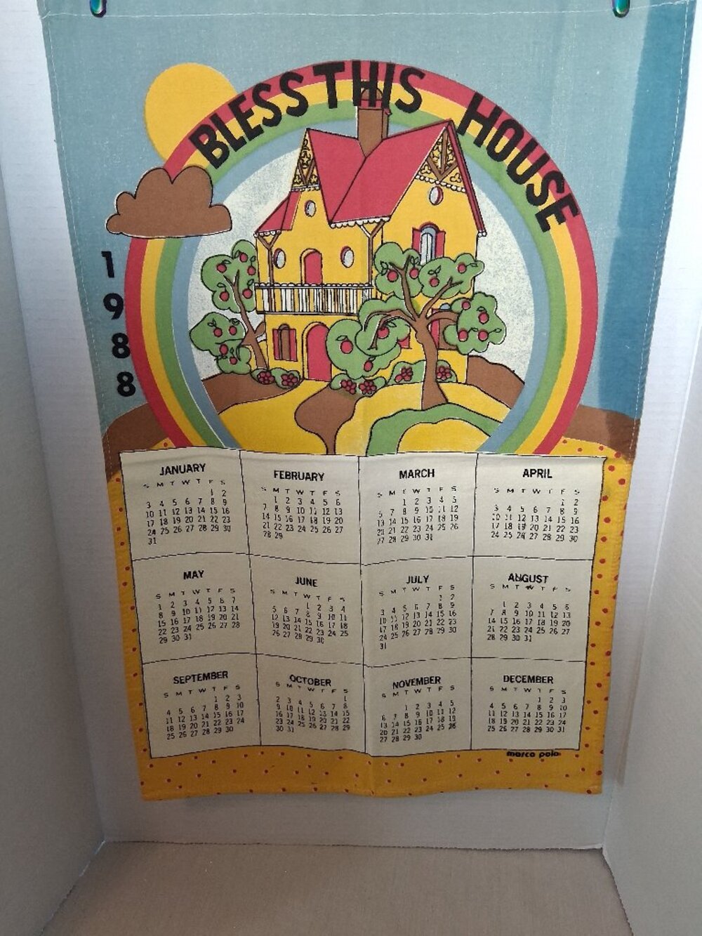 Vintage MCM Linen Calendar Towel 1988 Bless This House Bright Colorful Retro